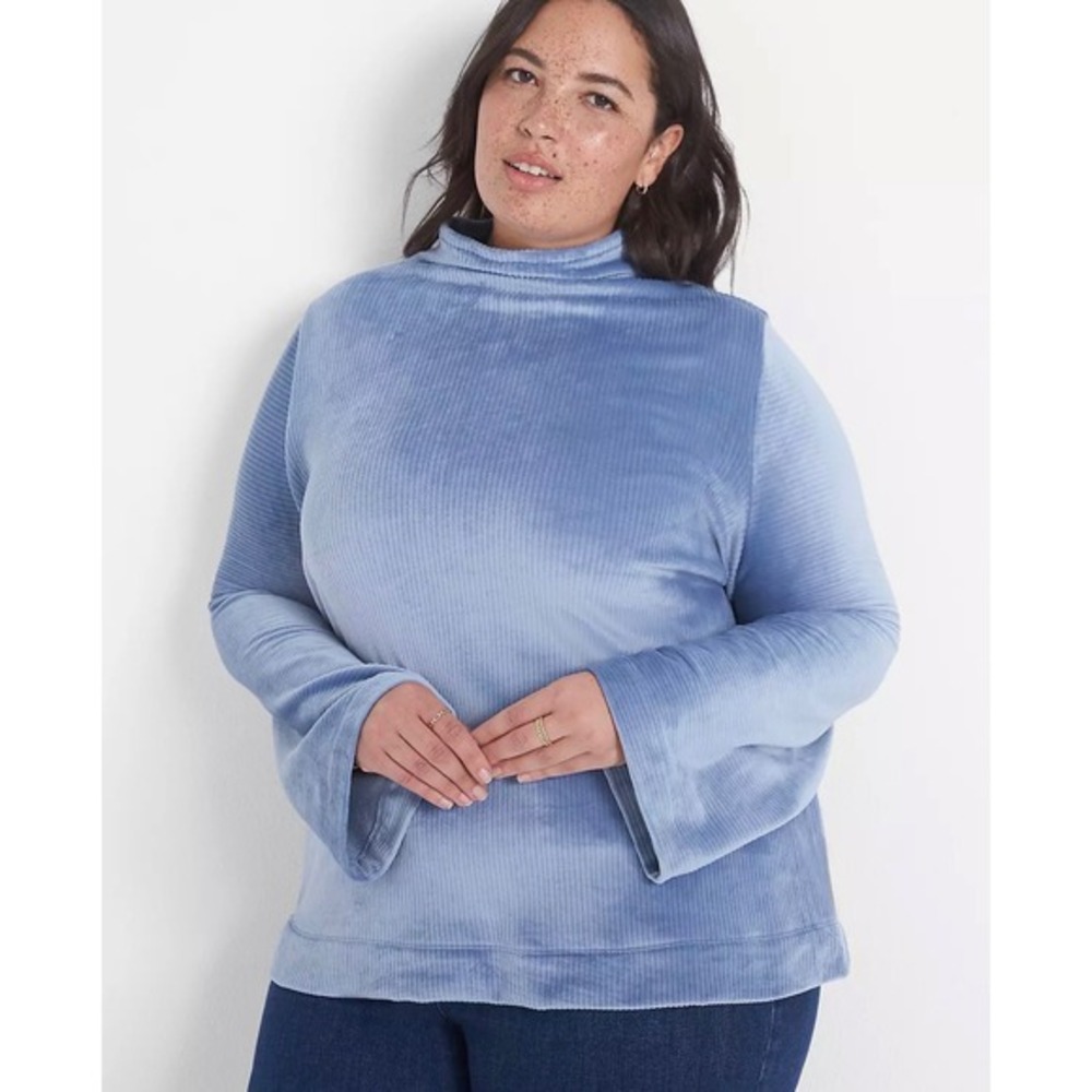 Lane Bryant Blue Ribbed Velour Mock Neck Bell Sleeve Top Plus Size‎ 26/28
